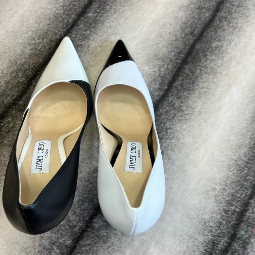 Jimmy Choo Love 100 Black and White Asymmetric Patent Nappa Pumps Heels - Picture 5 of 10